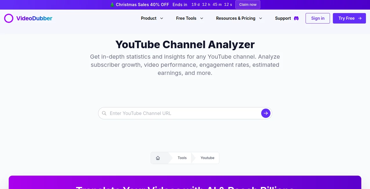 Screenshot of VideoDubber’s Youtube Channel Analyzer – An AI tool in the ,AI Research Tool ,AI YouTube Assistant ,AI Analytics Assistant ,AI SEO Assistant  category, showcasing its interface and key features.