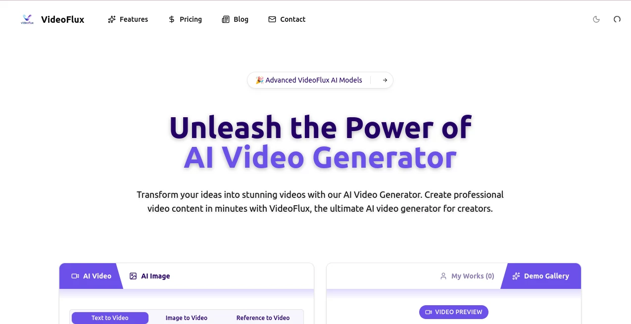 Screenshot of VideoFlux – An AI tool in the ,AI Animated Video ,AI Image to Video ,AI Video Generator ,AI Text to Video  category, showcasing its interface and key features.