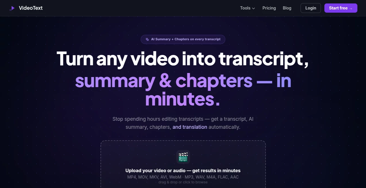 Screenshot of VideoText – An AI tool in the ,AI Transcriber ,AI Documents Assistant ,AI Transcription  category, showcasing its interface and key features.