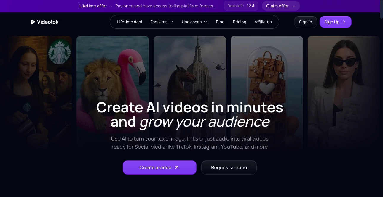 Screenshot of Videotok – An AI tool in the ,AI Animated Video ,AI UGC Video Generator ,AI Video Generator ,AI Short Clips Generator  category, showcasing its interface and key features.