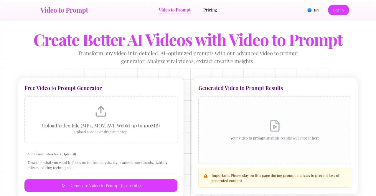 Screenshot of Video to Prompt – An AI tool in the ,AI Content Generator ,AI Video Generator ,Prompt ,AI Productivity Tools  category, showcasing its interface and key features.
