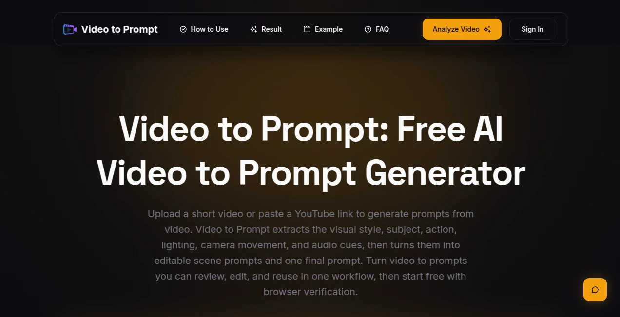 Screenshot of Video to Prompt – An AI tool in the ,AI Video Generator ,Prompt  category, showcasing its interface and key features.