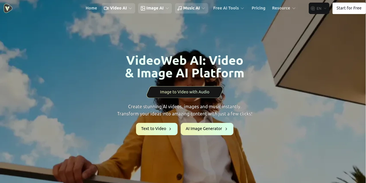 Screenshot of VideoWeb AI – An AI tool in the ,AI Photo & Image Generator ,AI Text to Video ,AI Video Generator ,AI Music Generator  category, showcasing its interface and key features.
