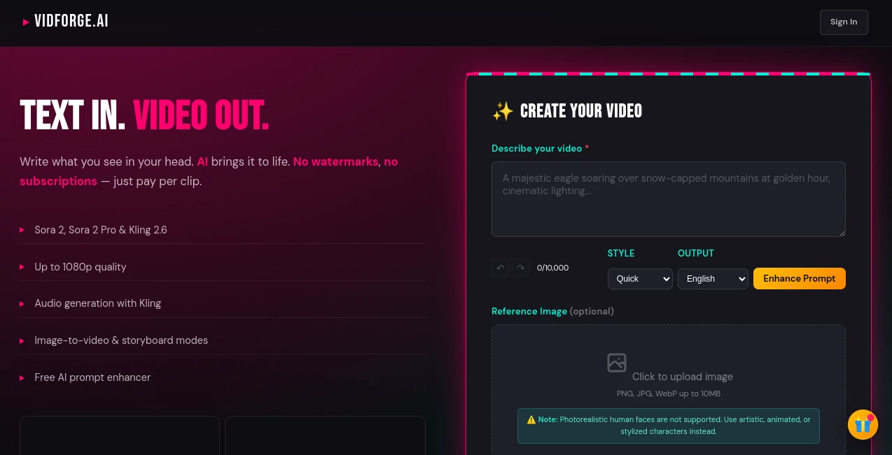 Screenshot of VIDFORGE.AI – An AI tool in the ,AI Animated Video ,AI Image to Video ,AI Text to Video ,AI Video Generator  category, showcasing its interface and key features.