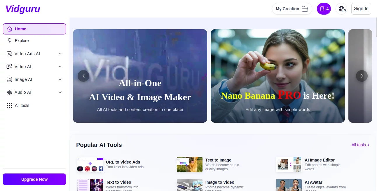 Screenshot of Vidguru – An AI tool in the ,AI Image to Video ,AI Text to Video ,AI Video Generator ,AI Voice Cloning  category, showcasing its interface and key features.