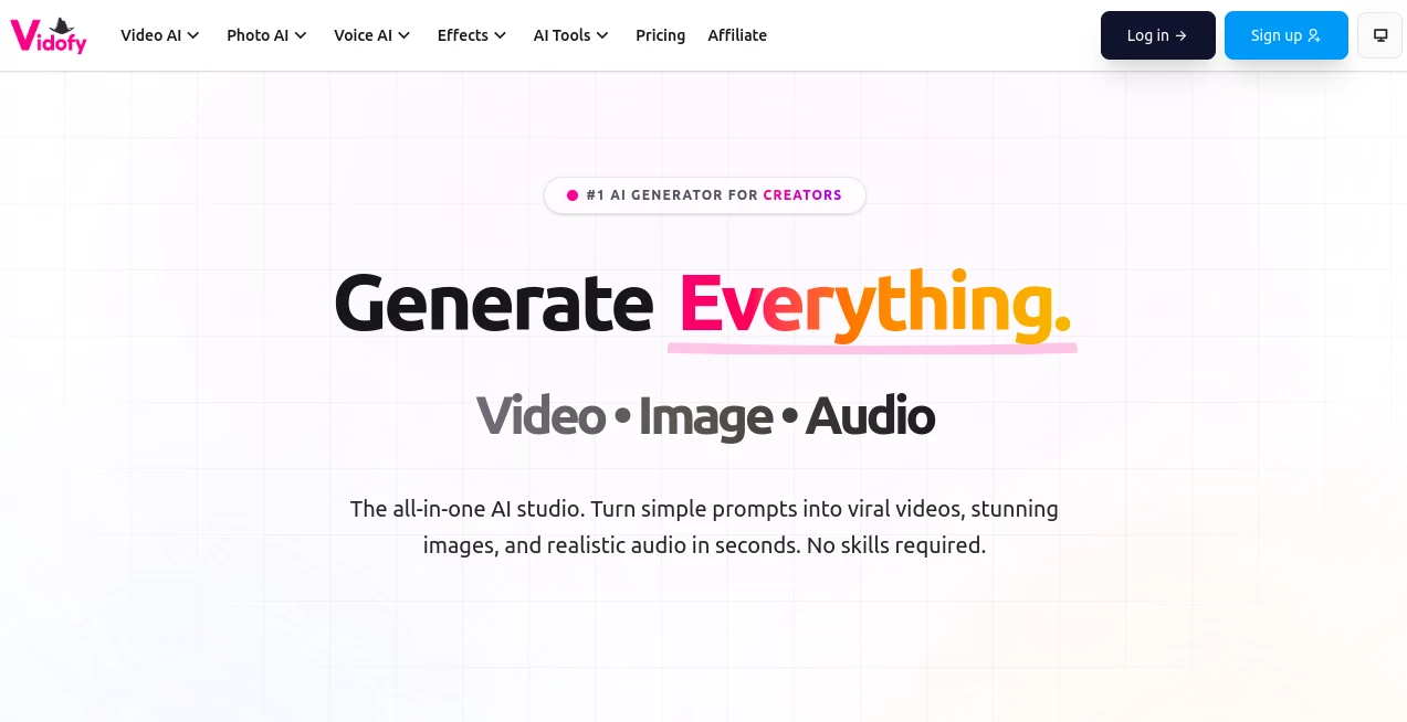 Screenshot of Vidofy – An AI tool in the ,AI Image to Image ,AI Image to Video ,AI Text to Video ,AI Video Generator  category, showcasing its interface and key features.