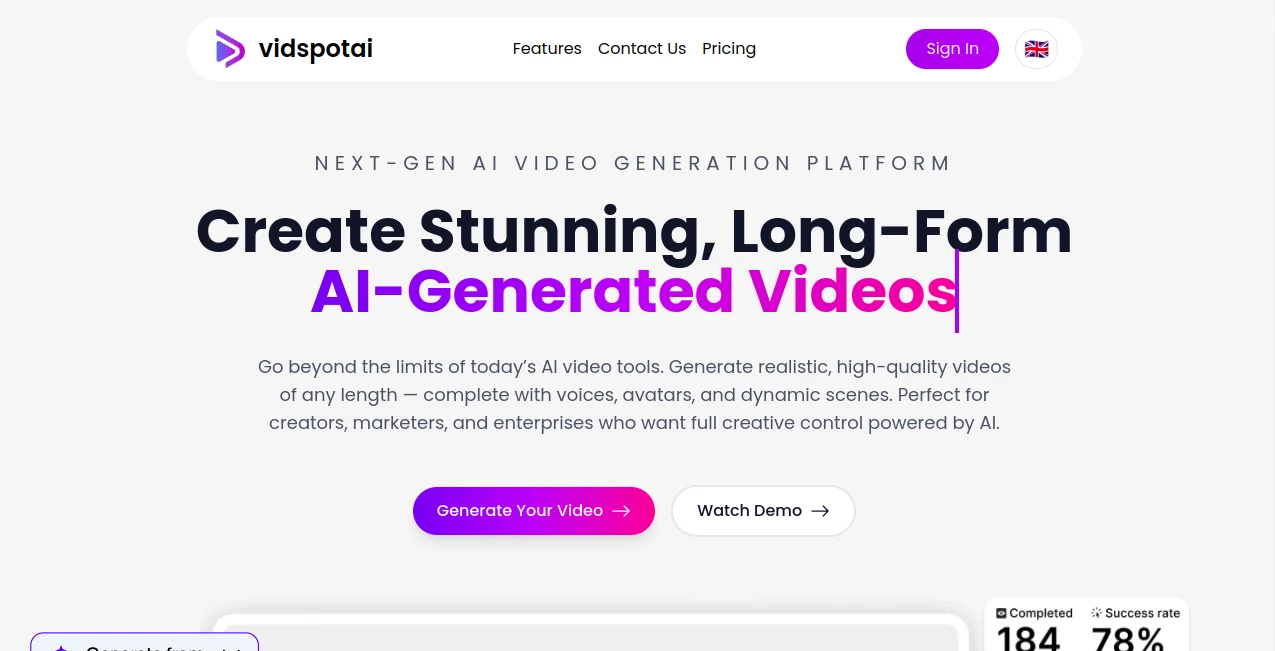 Screenshot of Vid Spot AI – An AI tool in the ,AI Animated Video ,AI Image to Video ,AI Text to Video ,AI Video Generator  category, showcasing its interface and key features.