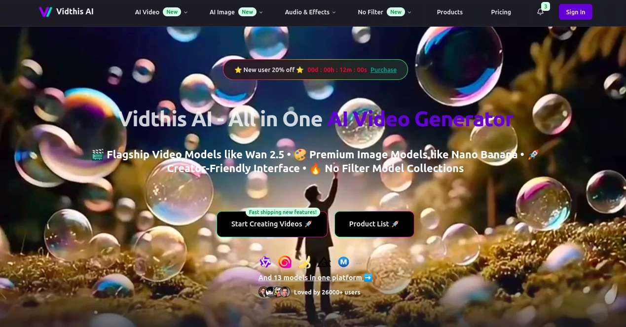 Screenshot of Vidthis AI – An AI tool in the ,AI Text to Image ,AI Photo & Image Generator ,AI Text to Video ,AI Video Generator  category, showcasing its interface and key features.
