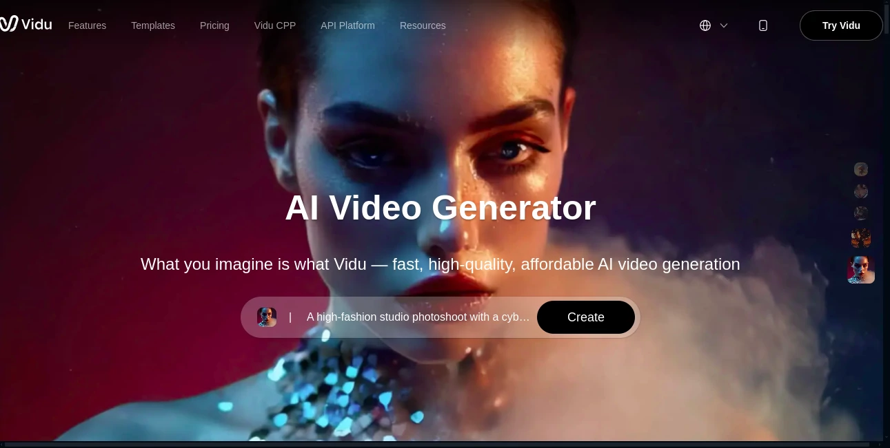 Screenshot of Vidu – An AI tool in the ,AI Animated Video ,AI Image to Video ,AI Text to Video ,AI Video Generator  category, showcasing its interface and key features.