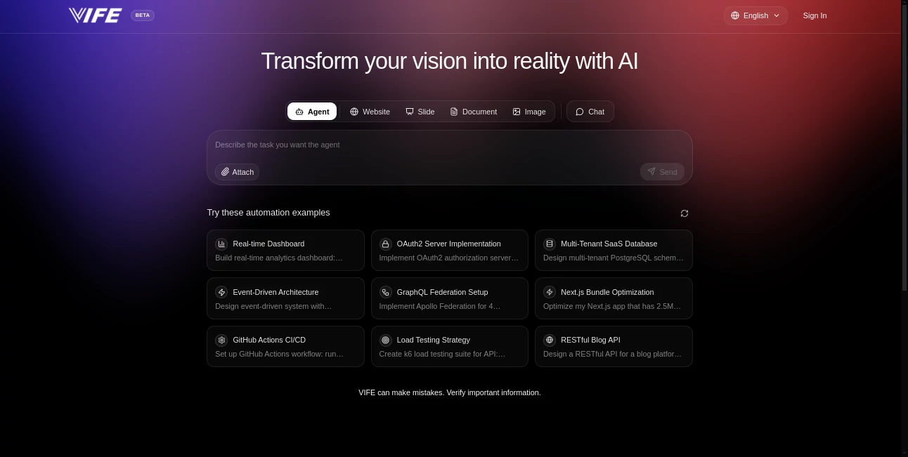 Screenshot of VIFE – An AI tool in the ,AI Code Assistant ,AI Testing & QA ,AI Developer Tools  category, showcasing its interface and key features.