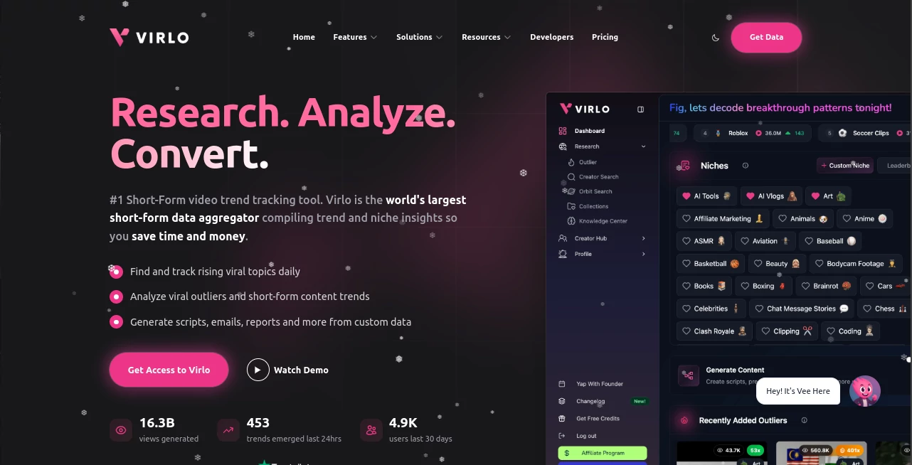 Screenshot of Virlo – An AI tool in the ,AI Content Generator ,AI Social Media Assistant ,AI Hashtag Assistant ,AI Marketing Plan Generator  category, showcasing its interface and key features.