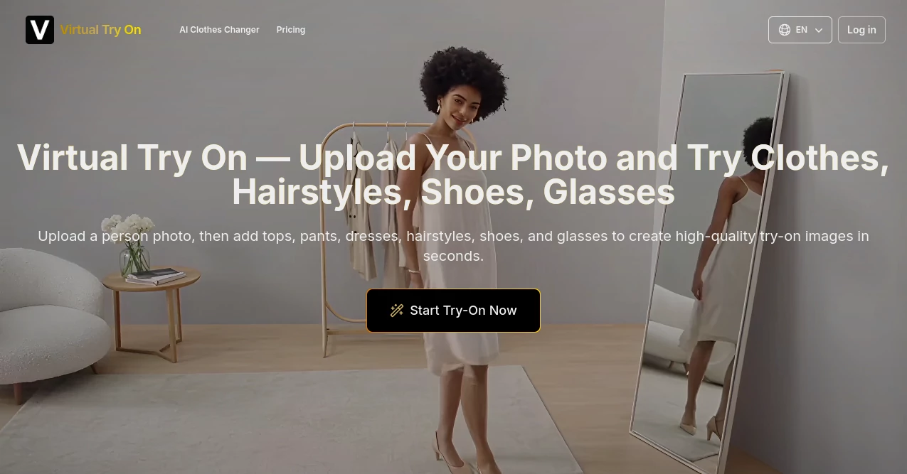 Screenshot of Virtual Try On – An AI tool in the ,Photo & Image Editor ,AI Selfie & Portrait ,AI Image to Image ,AI Clothing Generator  category, showcasing its interface and key features.