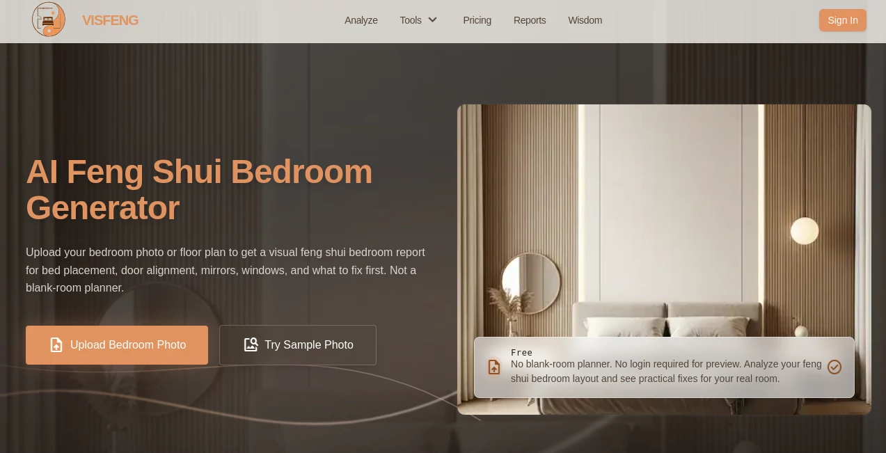 Screenshot of Visfeng AI Feng Shui Bedroom Generator – An AI tool in the ,AI Image to Video ,AI Video Generator ,AI Short Clips Generator ,AI Text to Video  category, showcasing its interface and key features.