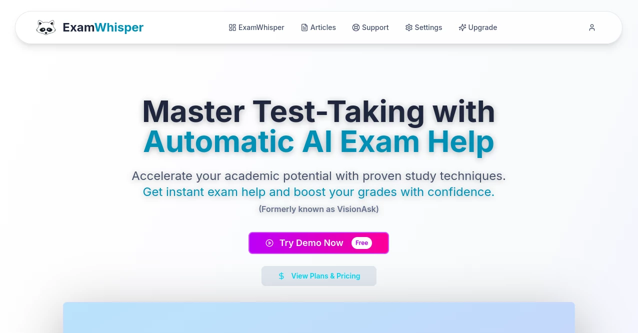 Screenshot of ExamWhisper – An AI tool in the ,AI Homework Helper ,AI Tutorial ,AI Quizzes ,AI Education Assistant  category, showcasing its interface and key features.