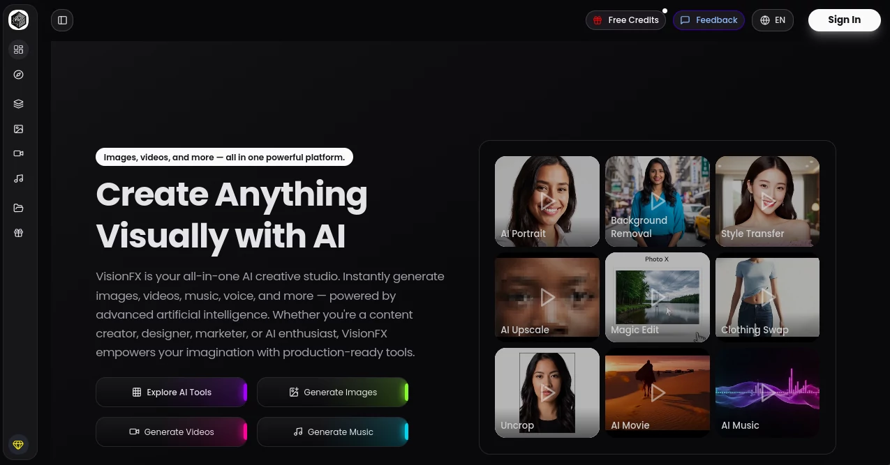 Screenshot of VisionFX AI – An AI tool in the ,AI Photo & Image Generator ,AI Video Generator ,AI Music Generator  category, showcasing its interface and key features.