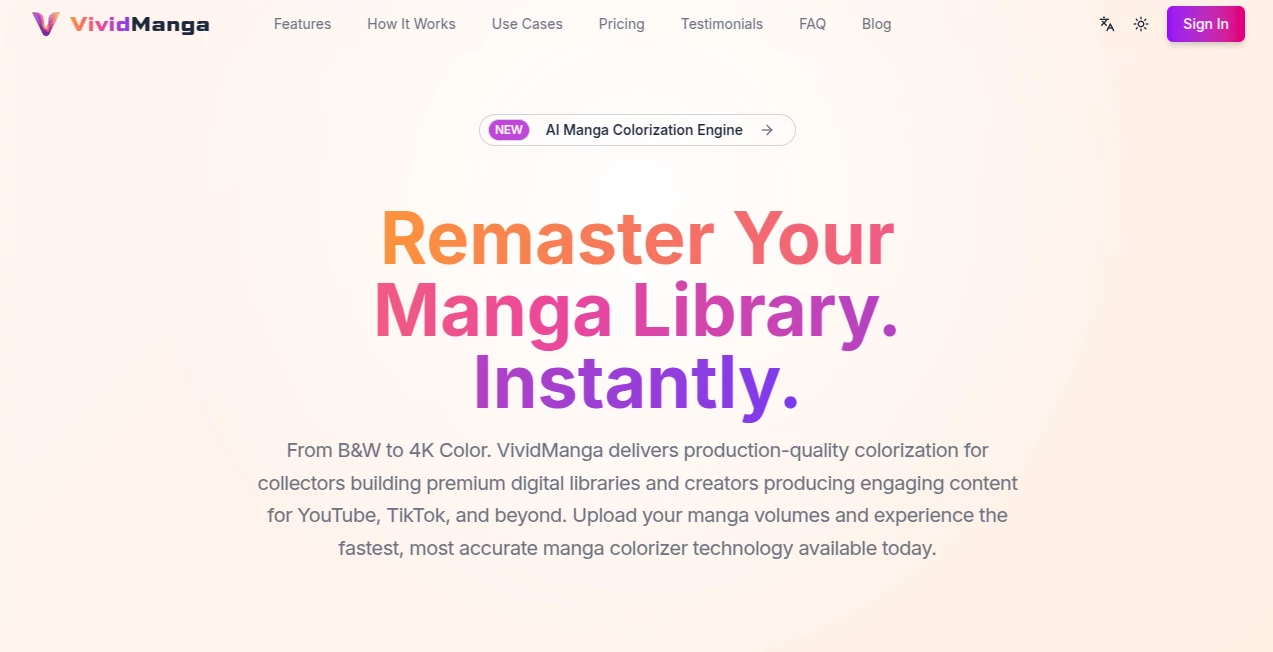 Screenshot of VividManga – An AI tool in the ,Photo & Image Editor ,AI Manga & Comic ,AI Art Generator ,AI Colorize  category, showcasing its interface and key features.