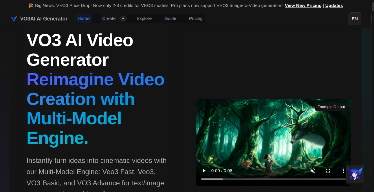Screenshot of VO3 AI Video Generator – An AI tool in the ,AI Animated Video ,AI Image to Video ,AI Text to Video ,AI Video Generator  category, showcasing its interface and key features.