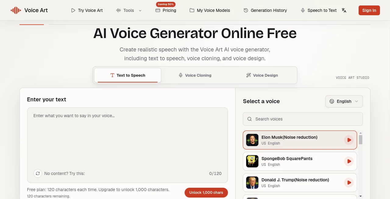 Screenshot of Voice Art – An AI tool in the ,AI Audio Enhancer ,AI Voice Assistants ,AI Text to Speech ,AI Voice & Audio Editing  category, showcasing its interface and key features.