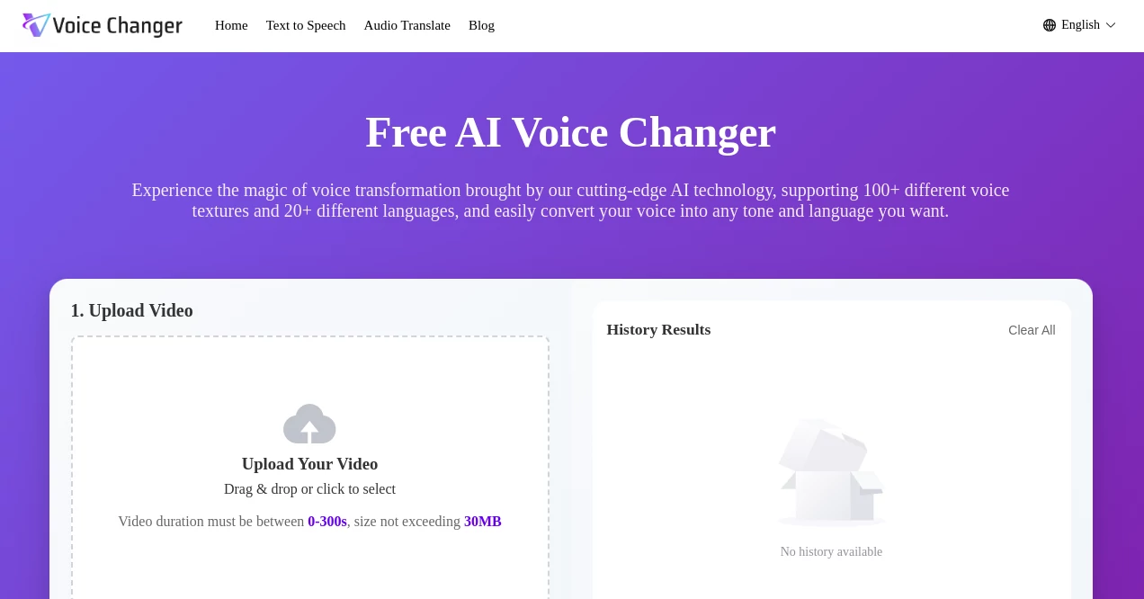 Screenshot of Free AI Voice Changer – An AI tool in the ,AI Voice & Audio Editing ,AI Voice Changer ,AI Voice Cloning ,AI Speech Synthesis  category, showcasing its interface and key features.
