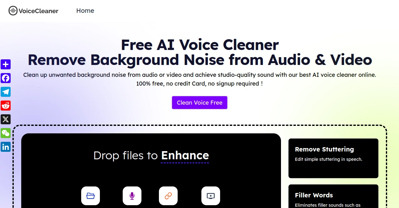 Screenshot of AI Voice Cleaner – An AI tool in the ,AI Audio Enhancer ,AI Speech to Text ,AI Voice & Audio Editing ,AI Noise Cancellation  category, showcasing its interface and key features.