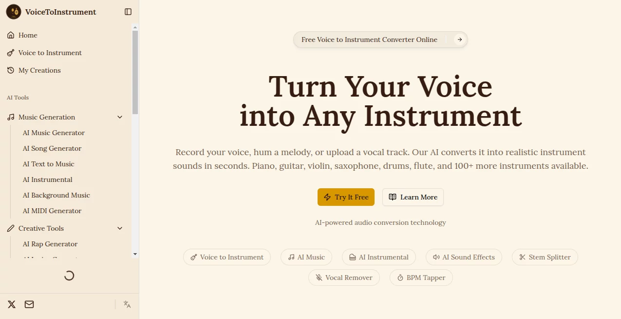 Screenshot of Voice To Instrument Generator – An AI tool in the ,AI Voice Changer ,AI Text to Music ,AI Music Generator ,AI Voice & Audio Editing  category, showcasing its interface and key features.