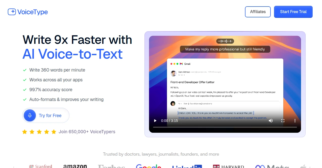 Screenshot of VoiceType – An AI tool in the ,AI Transcription ,AI Speech to Text ,AI Meeting Assistant ,AI Notes Assistant  category, showcasing its interface and key features.