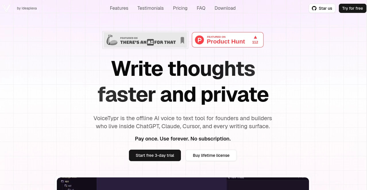 Screenshot of VoiceTypr – An AI tool in the ,AI Transcription ,AI Speech to Text ,AI Voice Assistants ,AI Notes Assistant  category, showcasing its interface and key features.