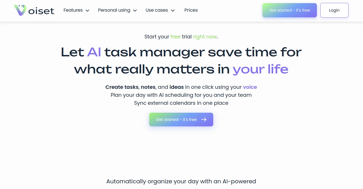 Screenshot of Voiset – An AI tool in the ,AI Voice Assistants ,AI Task Management ,AI Notes Assistant ,AI Scheduling  category, showcasing its interface and key features.