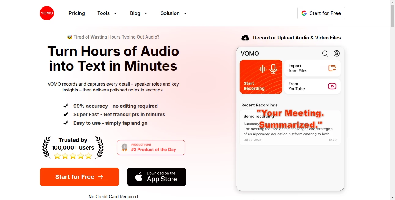 Screenshot of VOMO AI – An AI tool in the ,AI Transcription ,AI Speech to Text ,AI Meeting Assistant ,AI Notes Assistant  category, showcasing its interface and key features.