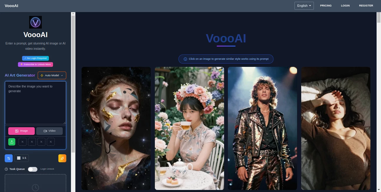 Screenshot of VoooAI – An AI tool in the ,AI Text to Image ,AI Text to Video ,AI Video Generator ,AI Art Generator  category, showcasing its interface and key features.