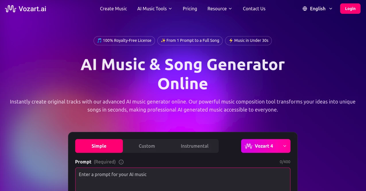 Screenshot of Vozart AI – An AI tool in the ,AI Lyrics Generator ,AI Music Generator ,AI Voice & Audio Editing ,AI Text to Music  category, showcasing its interface and key features.