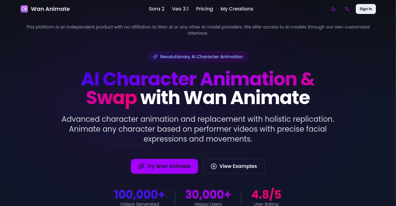 Screenshot of Wan Animate – An AI tool in the ,AI Animated Video ,AI Video Editor ,AI Video Generator ,AI Lip Sync Generator  category, showcasing its interface and key features.