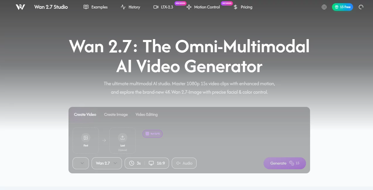 Screenshot of Wan 2.7 – An AI tool in the ,AI Animated Video ,AI Image to Video ,AI Video Generator ,AI Text to Video  category, showcasing its interface and key features.