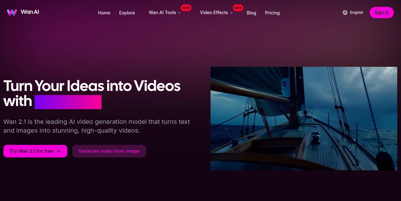 Screenshot of Wan AI Video Generator – An AI tool in the ,AI Image to Video ,AI Text to Video ,AI Video Generator  category, showcasing its interface and key features.