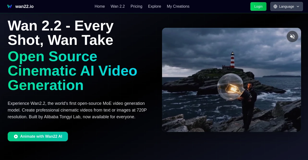 Screenshot of wan22.io – An AI tool in the ,AI Animated Video ,AI Image to Video ,AI Text to Video ,AI Video Generator  category, showcasing its interface and key features.