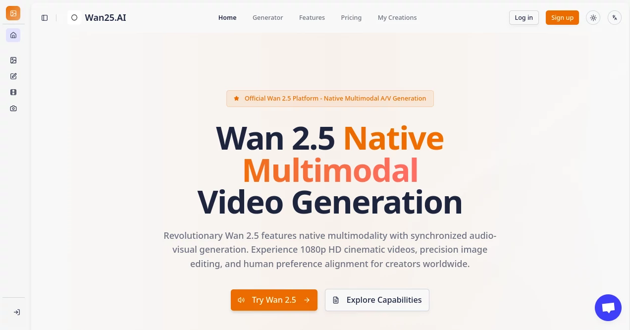 Screenshot of Wan25.AI – An AI tool in the ,AI Image to Video ,AI Video Generator ,AI Music Generator ,AI Speech Synthesis  category, showcasing its interface and key features.