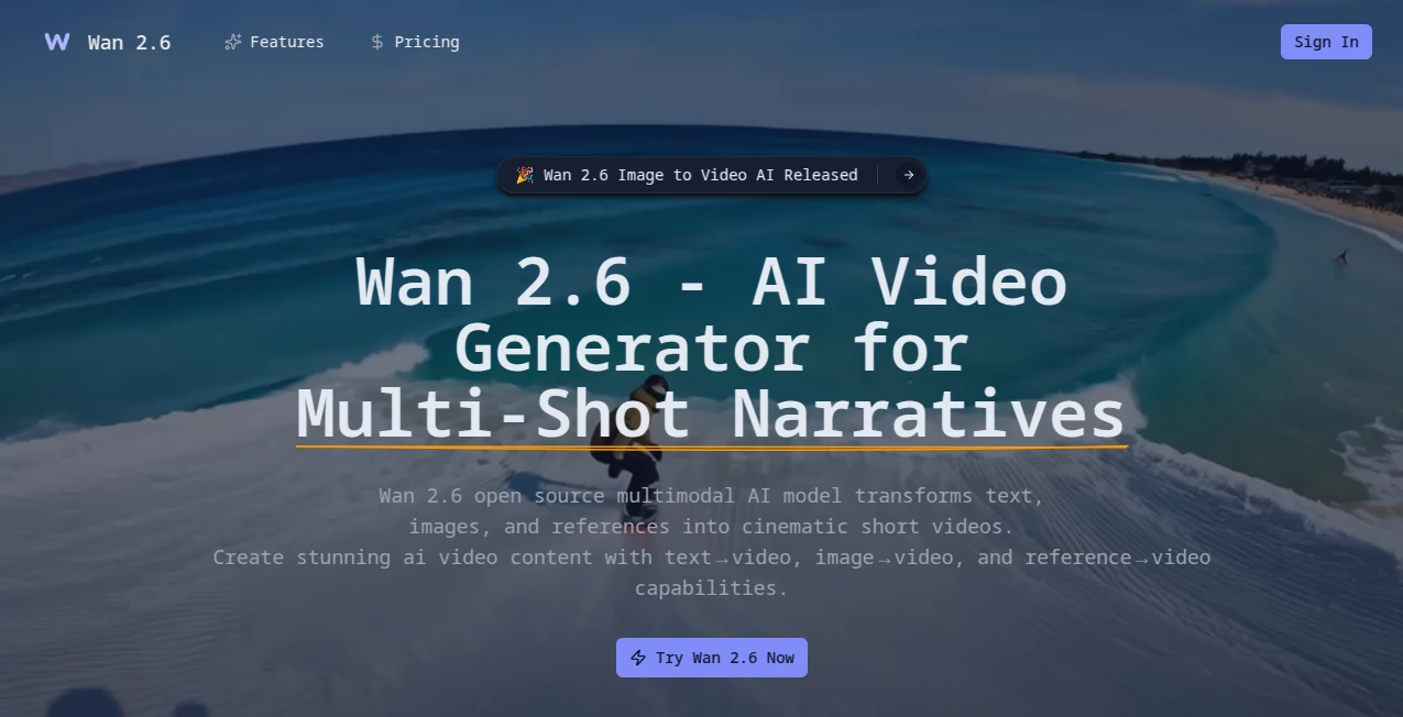Screenshot of Wan 2.6 – An AI tool in the ,AI Animated Video ,AI Image to Video ,AI Text to Video ,AI Video Generator  category, showcasing its interface and key features.