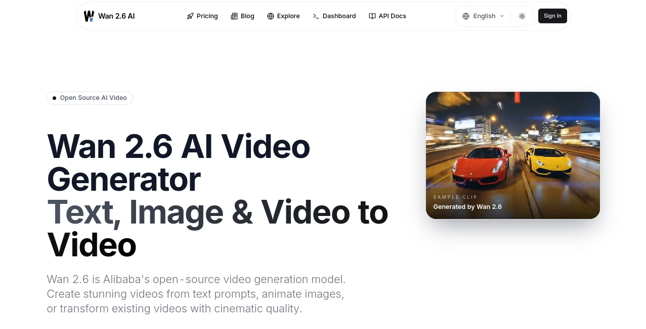 Screenshot of Wan 2.6 AI – An AI tool in the ,AI Image to Video ,AI Text to Video ,AI Video to Video ,AI Video Generator  category, showcasing its interface and key features.