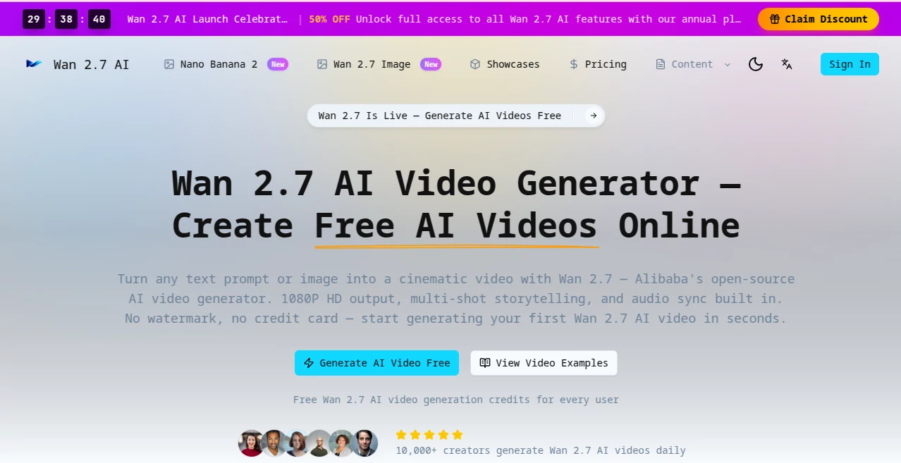 Screenshot of Wan 2.7 AI – An AI tool in the ,AI Animated Video ,AI Image to Video ,AI Video Generator ,AI Text to Video  category, showcasing its interface and key features.