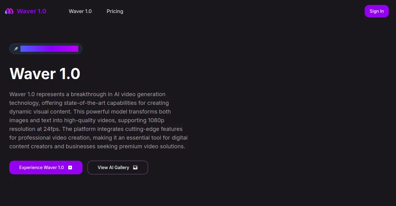 Screenshot of Waver 1.0 – An AI tool in the ,AI Animated Video ,AI Image to Video ,AI Text to Video ,AI Video Generator  category, showcasing its interface and key features.
