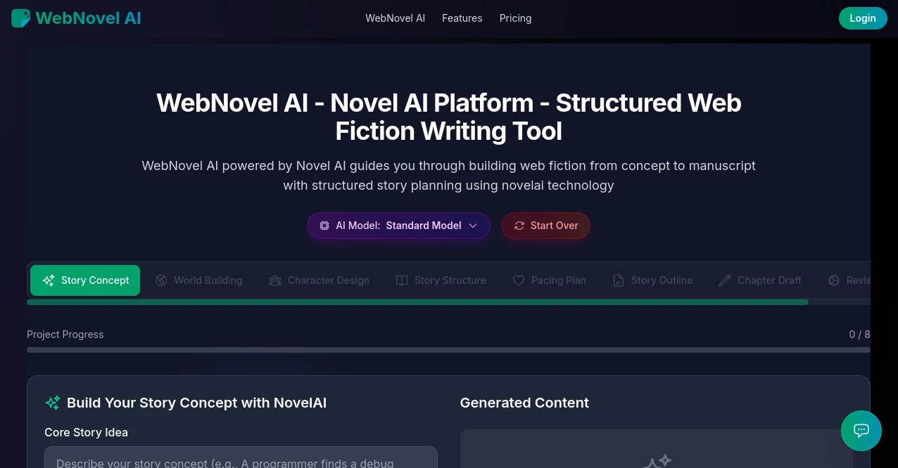 Screenshot of WebNovel AI – An AI tool in the ,AI Story Writing ,AI Book Writing ,AI Creative Writing ,AI Novel  category, showcasing its interface and key features.