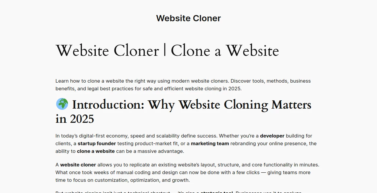 Screenshot of Website Cloner – An AI tool in the ,AI Landing Page Builder ,AI Website Builder ,AI Developer Tools ,AI Web Scraping  category, showcasing its interface and key features.