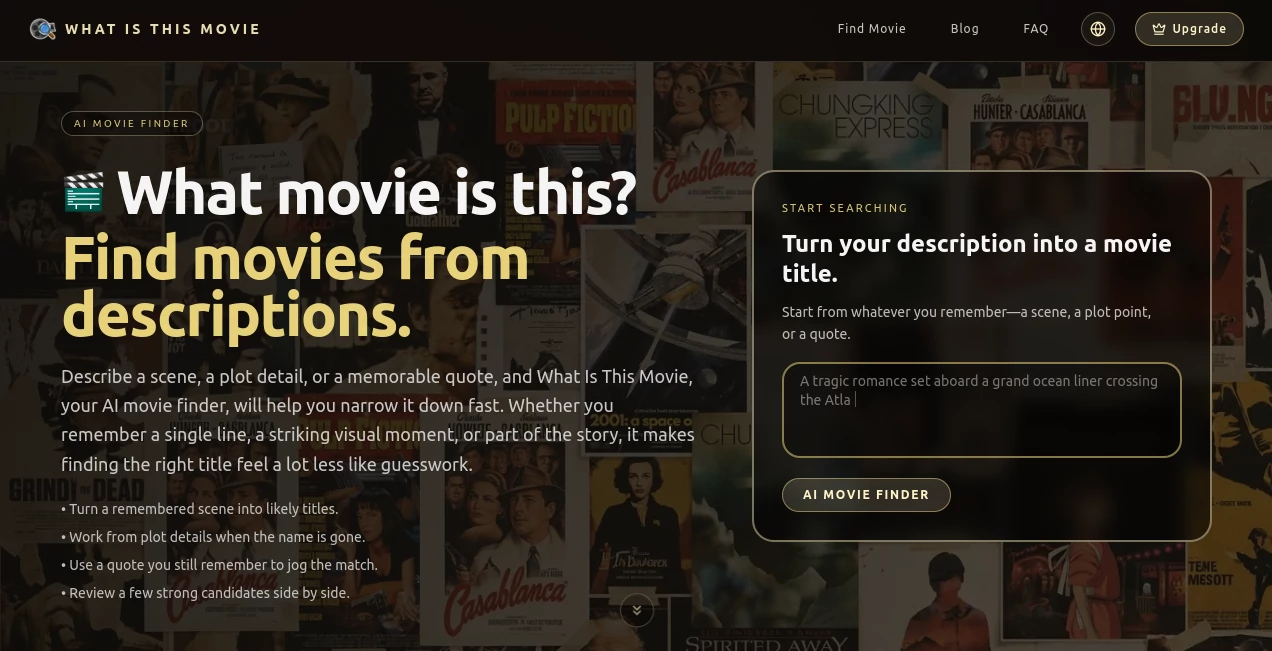 Screenshot of WhatIsThisMovie – An AI tool in the ,AI Productivity Tools ,AI Search Engine  category, showcasing its interface and key features.