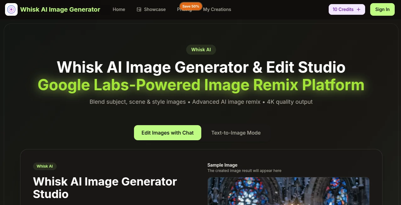 Screenshot of whisk ai – An AI tool in the ,AI Photo & Image Generator ,AI Design Generator ,AI Image to Image ,AI Text to Image  category, showcasing its interface and key features.