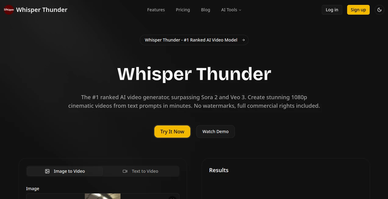 Screenshot of Whisper Thunder – An AI tool in the ,AI Animated Video ,AI Image to Video ,AI Text to Video ,AI Video Generator  category, showcasing its interface and key features.