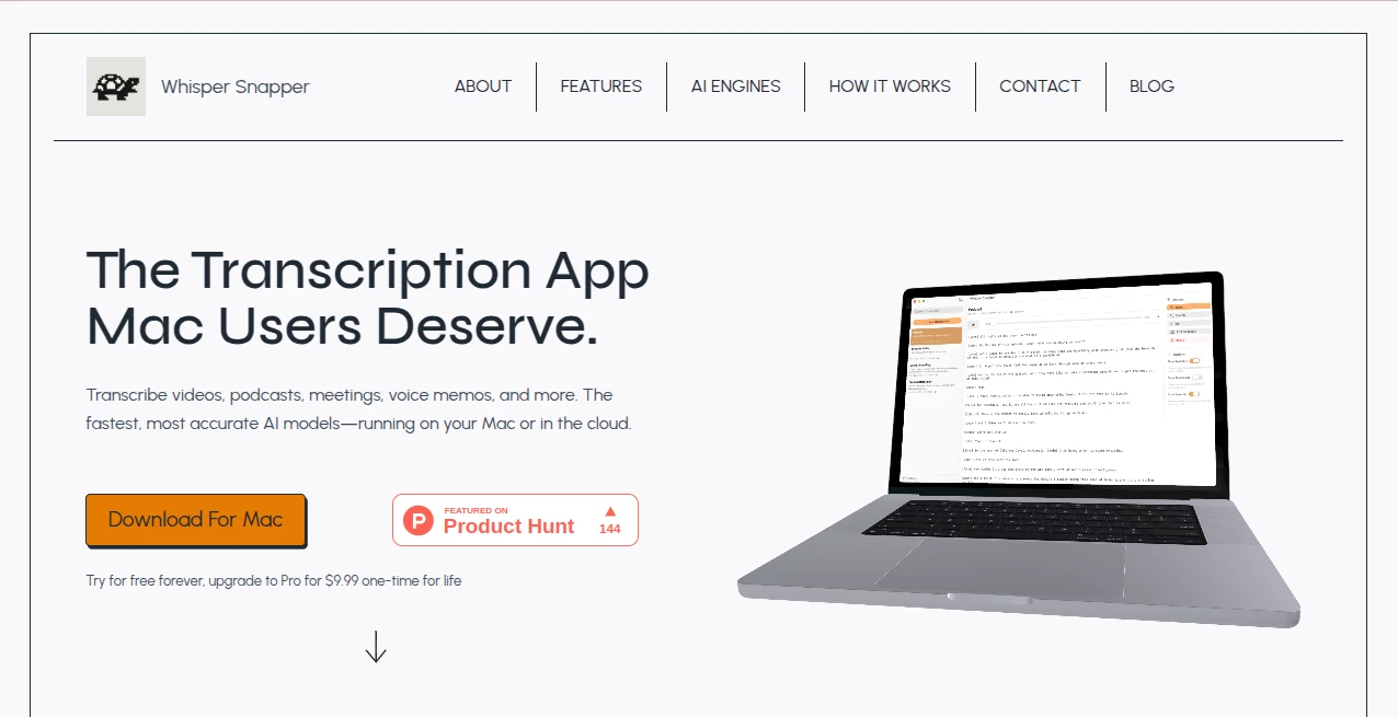 Screenshot of Whisper Snapper – An AI tool in the ,AI Transcription ,AI Speech to Text ,AI Voice & Audio Editing ,AI Productivity Tools  category, showcasing its interface and key features.