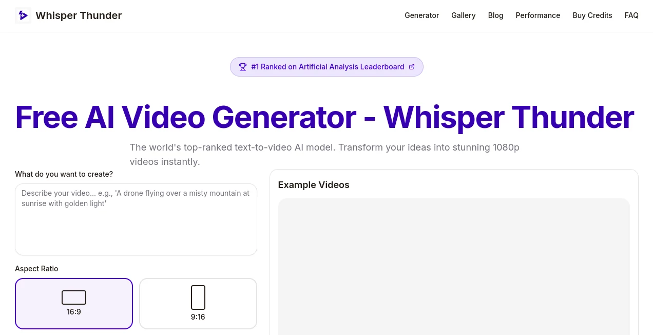 Screenshot of Whisper Thunder – An AI tool in the ,AI Animated Video ,AI Text to Video ,AI Video Generator ,AI Short Clips Generator  category, showcasing its interface and key features.