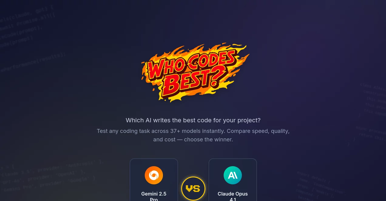 Screenshot of Who Codes Best – An AI tool in the ,AI Code Assistant ,AI Code Generator ,AI Developer Tools ,AI Research Tool  category, showcasing its interface and key features.