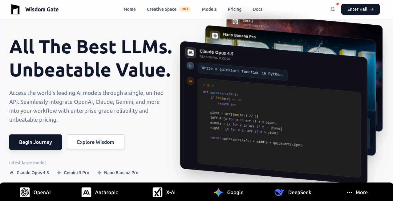 Screenshot of Wisdom Gate – An AI tool in the ,AI Content Generator ,AI Photo & Image Generator ,AI Video Generator ,AI API Design  category, showcasing its interface and key features.