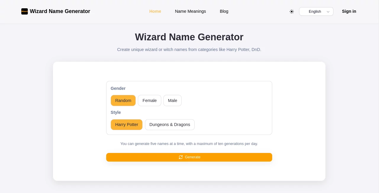 Screenshot of Wizard Name Generator – An AI tool in the ,Text & Writing  category, showcasing its interface and key features.